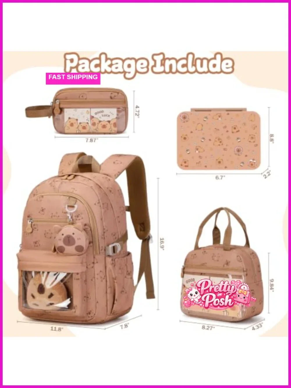 Capybara Backpack with Lunch Box Bag & Pencil Case for School Girls